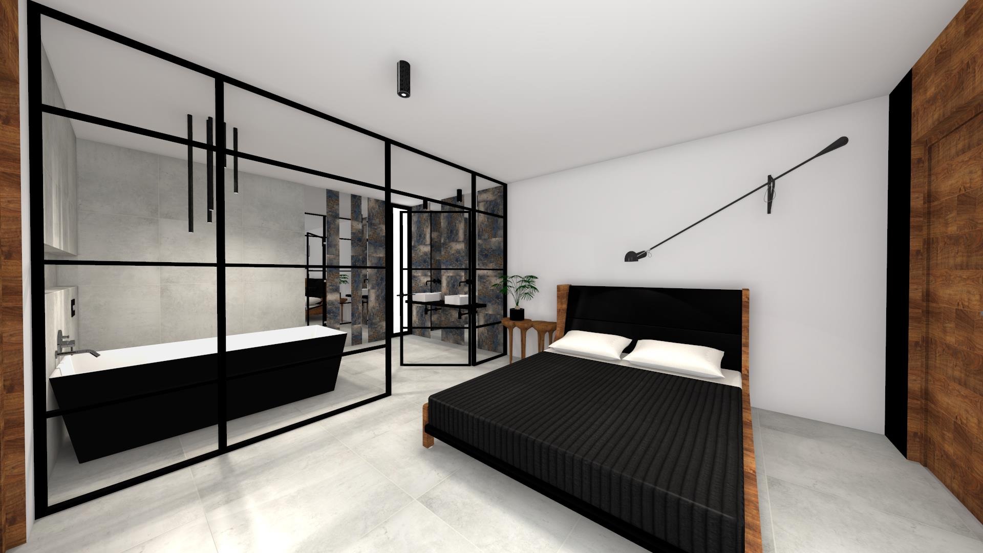 Wizualizacja sypialni z łazienką oddzieloną szklaną ścianką w czarnej ramie; widoczna czarna wanna, podwójna umywalka, łóżko z czarną narzutą i drewnianym wezgłowiem, oraz lampa ścienna w stylu...