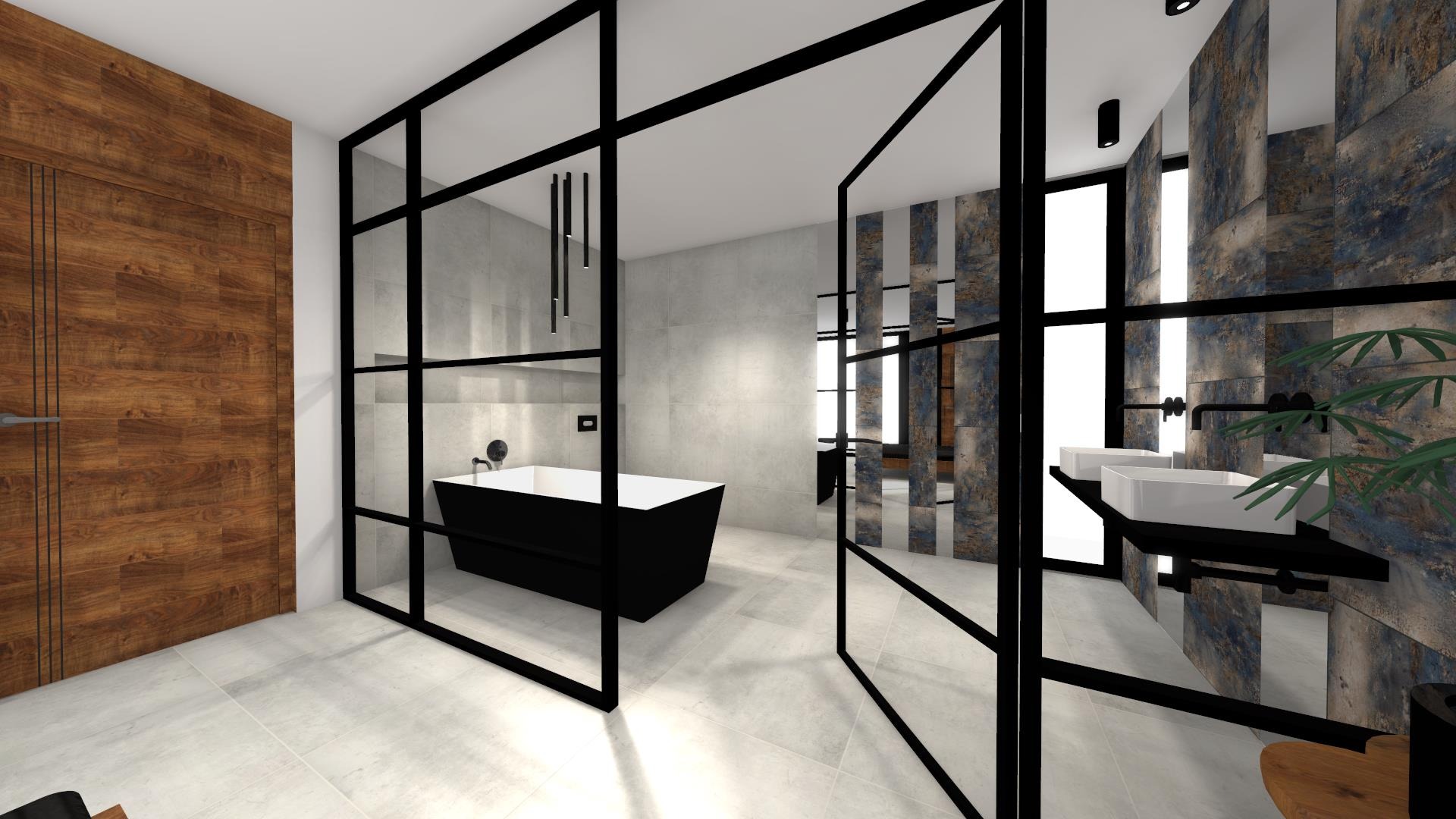 Wizualizacja przestronnej łazienki z czarną wanną wolnostojącą, dwiema białymi umywalkami na czarnym blacie, drewnianymi drzwiami i szklanymi ściankami działowymi z czarnymi ramami.
