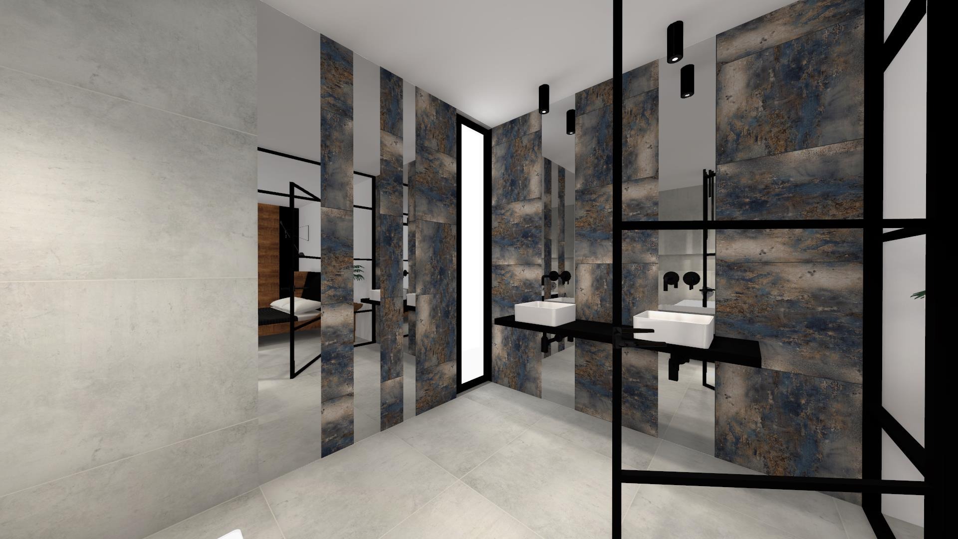 Wizualizacja nowoczesnej łazienki z umywalkami nablatowymi, płytkami w odcieniach granatu i brązu oraz elementami czarnej stali, widok przez szklaną ścianę z czarnymi profilami.