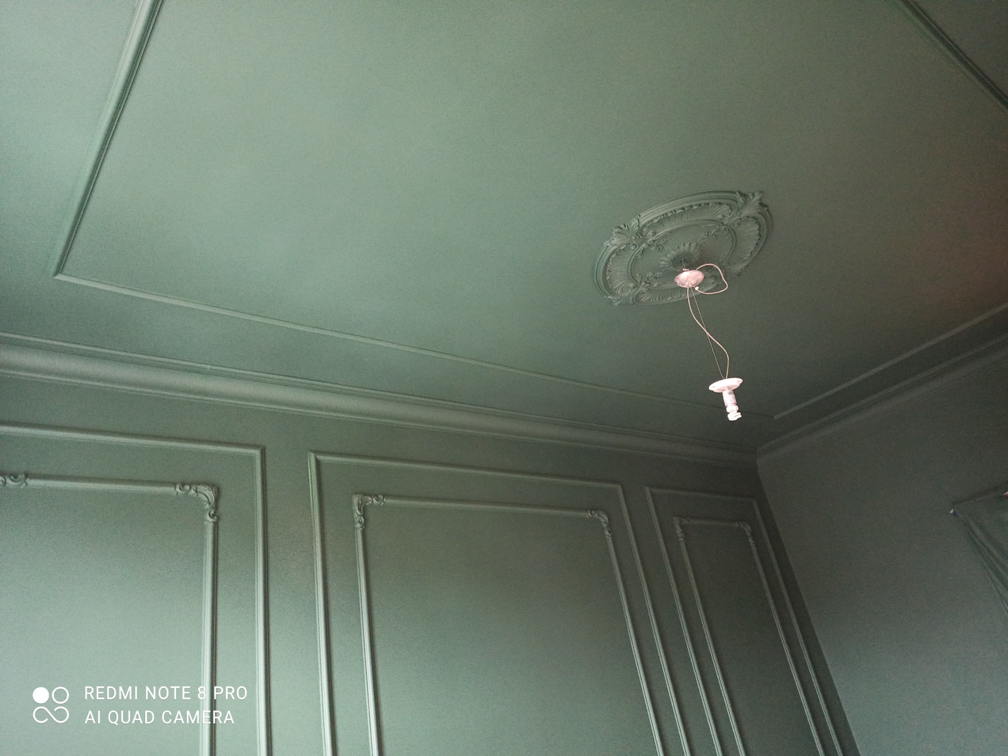 Ściana i sufit w kolorze zielonym z dekoracyjnymi panelami i rozetą sufitową, widoczna tymczasowa oprawa oświetleniowa.