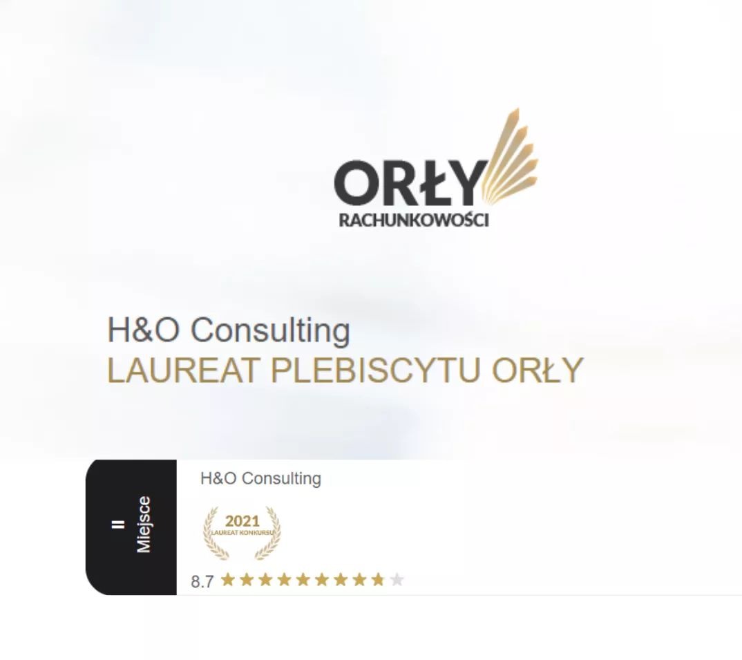 Logo 'Orły Rachunkowości' i informacja o zdobyciu nagrody 'Laureat Plebiscytu Orły' przez firmę H&O Consulting, wraz z oceną 8.7 i oznaczeniem 'Laureat Konkursu 2021'.