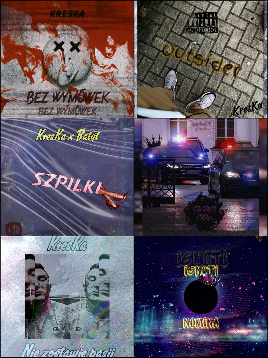 Kompozycja sześciu okładek albumów muzycznych, każda w odmiennym stylu graficznym, zawierających tytuły, nazwy artystów i elementy wizualne charakterystyczne dla danego utworu.