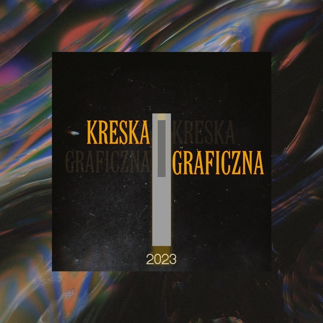 Abstrakcyjne tło z efektem rozmycia, na nim czarny kwadrat z napisem 'KRESKA GRAFICZNA' w kolorze złotym, z datą 2023 na dole oraz prostokątem w kolorze szarym pośrodku.