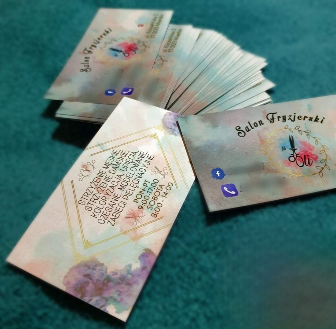 Projekt wizytówek dla salonu fryzjerskiego oraz druk.