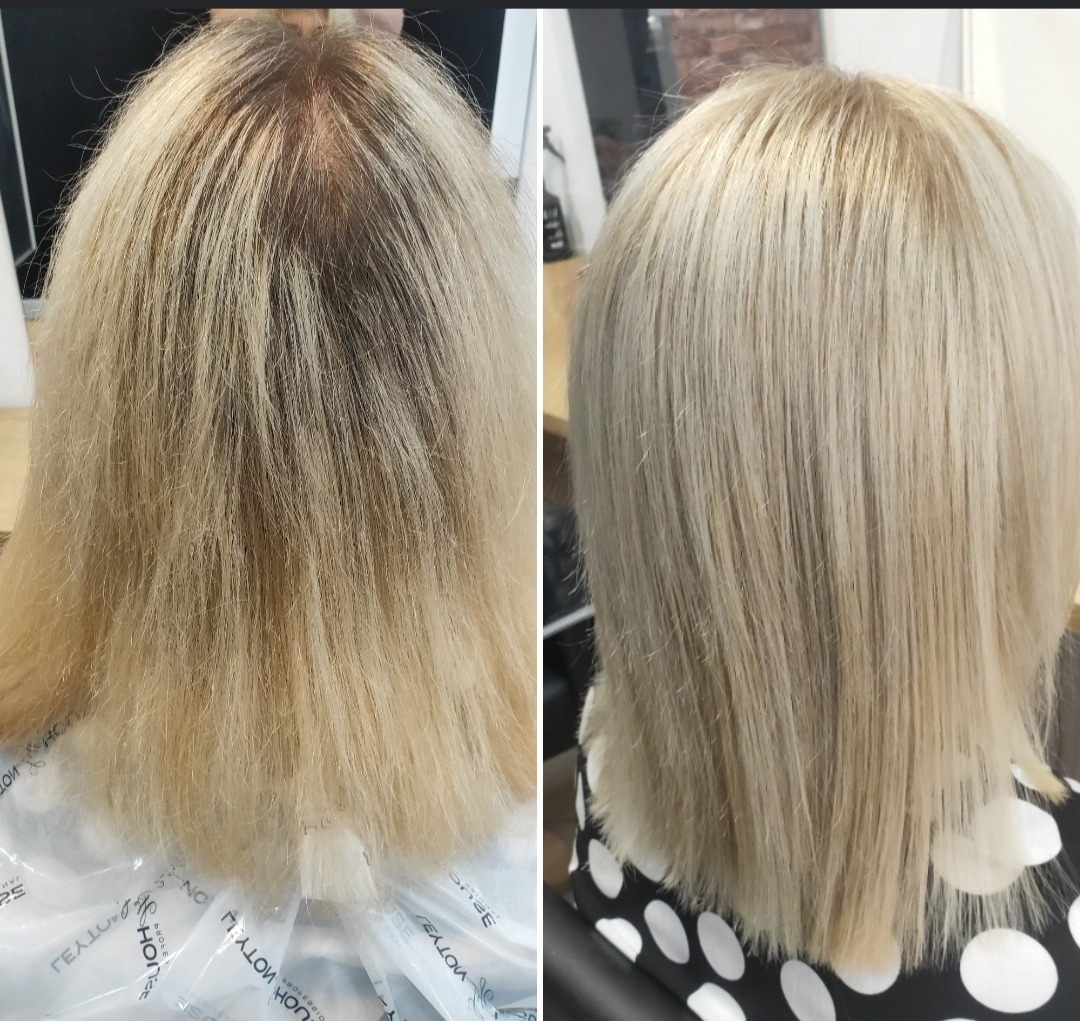 Porównanie włosów przed i po koloryzacji: odrosty i żółty odcień kontra platynowy blond i proste cięcie.