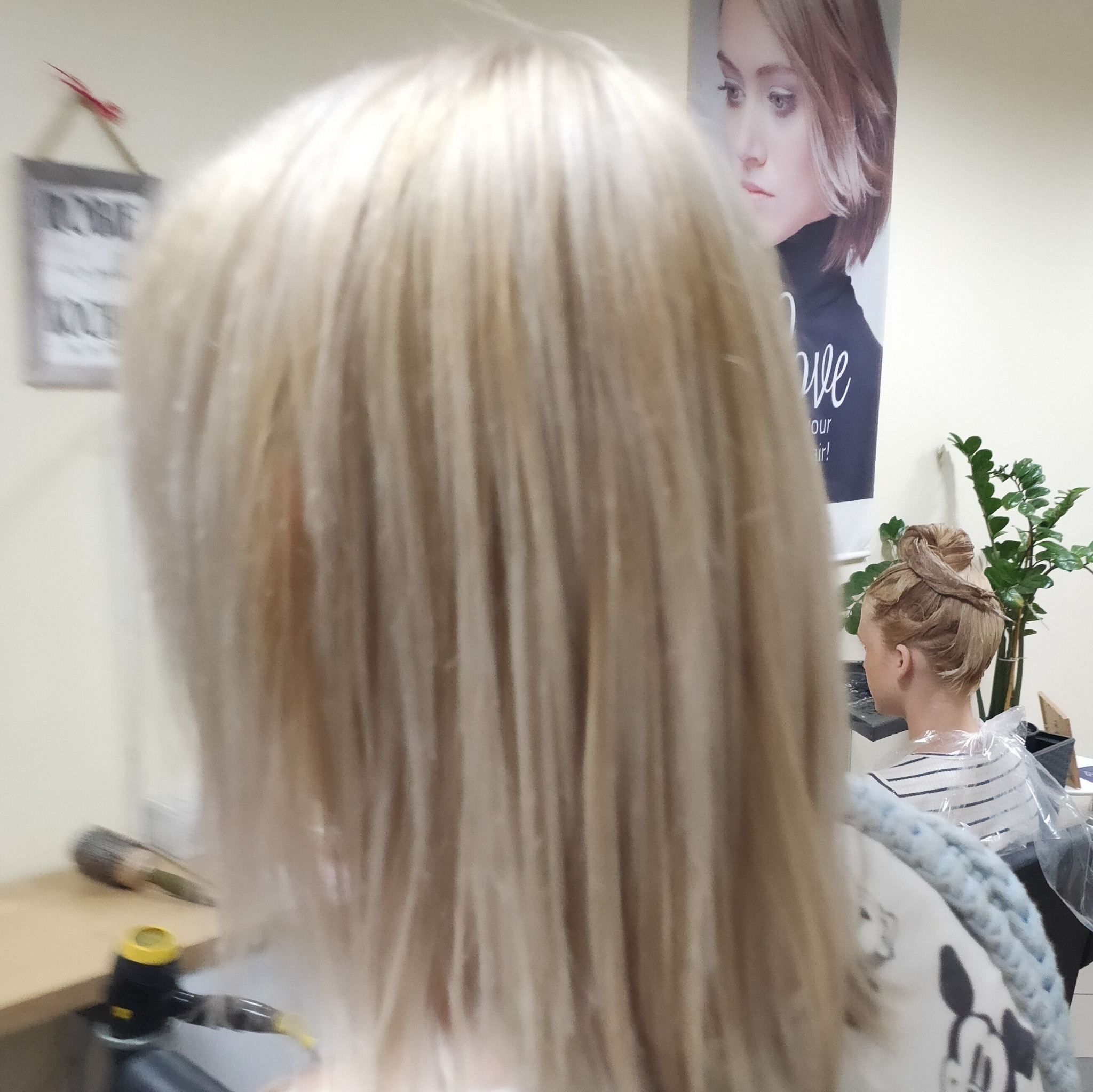 Tył głowy klientki z blond włosami w salonie, w tle plakat z modelką i roślina doniczkowa.