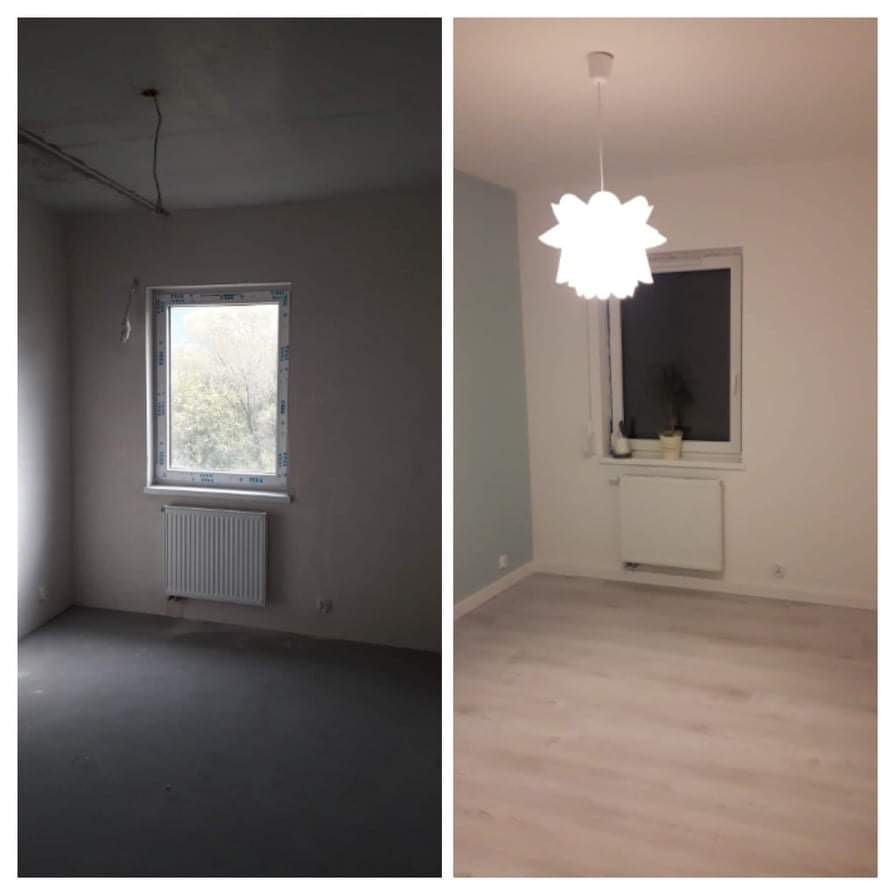 Porównanie pokoju przed i po: surowy stan z szarą podłogą, odsłoniętymi kablami i grzejnikiem, kontra odnowione wnętrze z jasną podłogą, pomalowanymi ścianami na biało i delikatny błękit,...