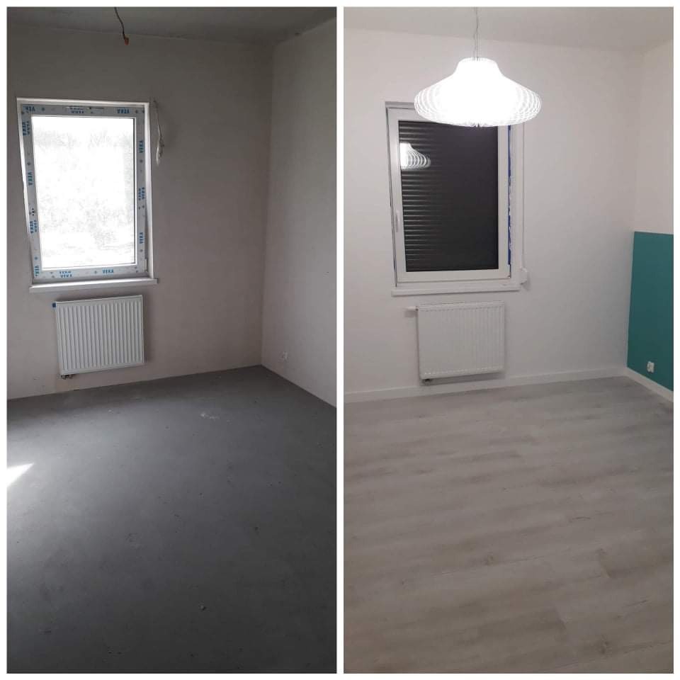 Zdjęcie 'przed i po' przedstawiające remont pokoju: surowy pokój z szarą podłogą i ścianami kontra pomalowany na biało pokój z jasną podłogą, grzejnikiem, lampą wiszącą i fragmentem ściany...