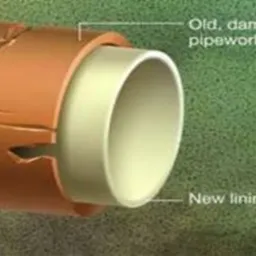 Przekrój uszkodzonej rury z widoczną wewnętrzną powłoką naprawczą; stara, zniszczona instalacja rurowa z pęknięciami i nowa wewnętrzna wyściółka.