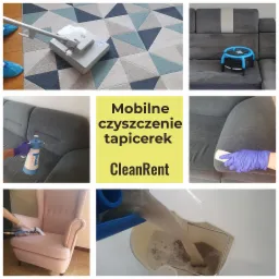 Kolaż zdjęć przedstawiający proces czyszczenia różnych powierzchni tapicerowanych: dywanu z geometrycznym wzorem, szarej sofy za pomocą odkurzacza piorącego i ręcznie, różowego fotela uszaka...