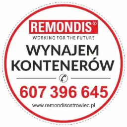 Okrągła naklejka reklamowa z logo Remondis, hasłem 'Wynajem Kontenerów', numerem telefonu i adresem strony internetowej.
