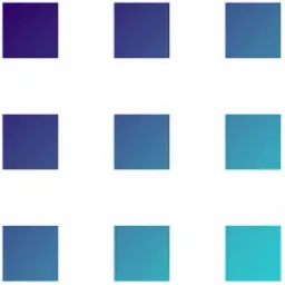 Paleta dziewięciu kwadratów z gradientami kolorów, od ciemnego fioletu do jasnego turkusu, reprezentująca spektrum barw używanych w projektowaniu instalacji elektrycznych.