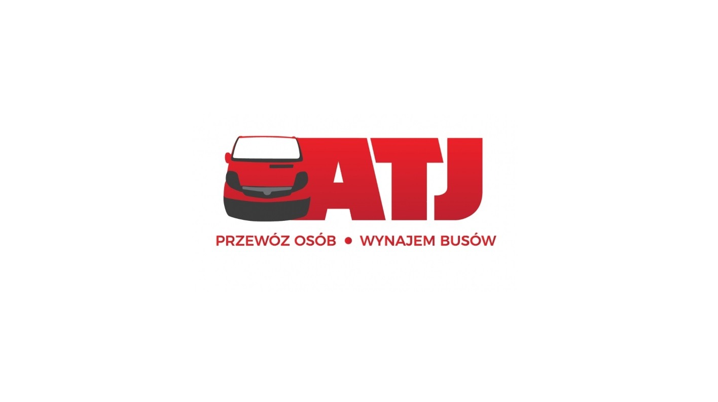 Logo firmy transportowej ATJ z czerwonym, uproszczonym wizerunkiem busa i napisem 'Przewóz osób • Wynajem busów' na białym tle.