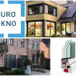 Kompozycja przedstawiająca różne typy okien w nowoczesnych domach, w tym duże przesuwne okna z widokiem na taras, okna w domach z cegły oraz przekrój ramy okiennej z szybami zespolonymi, uzupełnona...