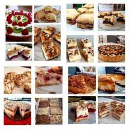 Kolaż różnorodnych ciast i tortów: tartaletka z owocami, ciasto z kruszonką i dżemem, sernik z karmelizowanymi migdałami, ciasto z wiśniami i kremem.