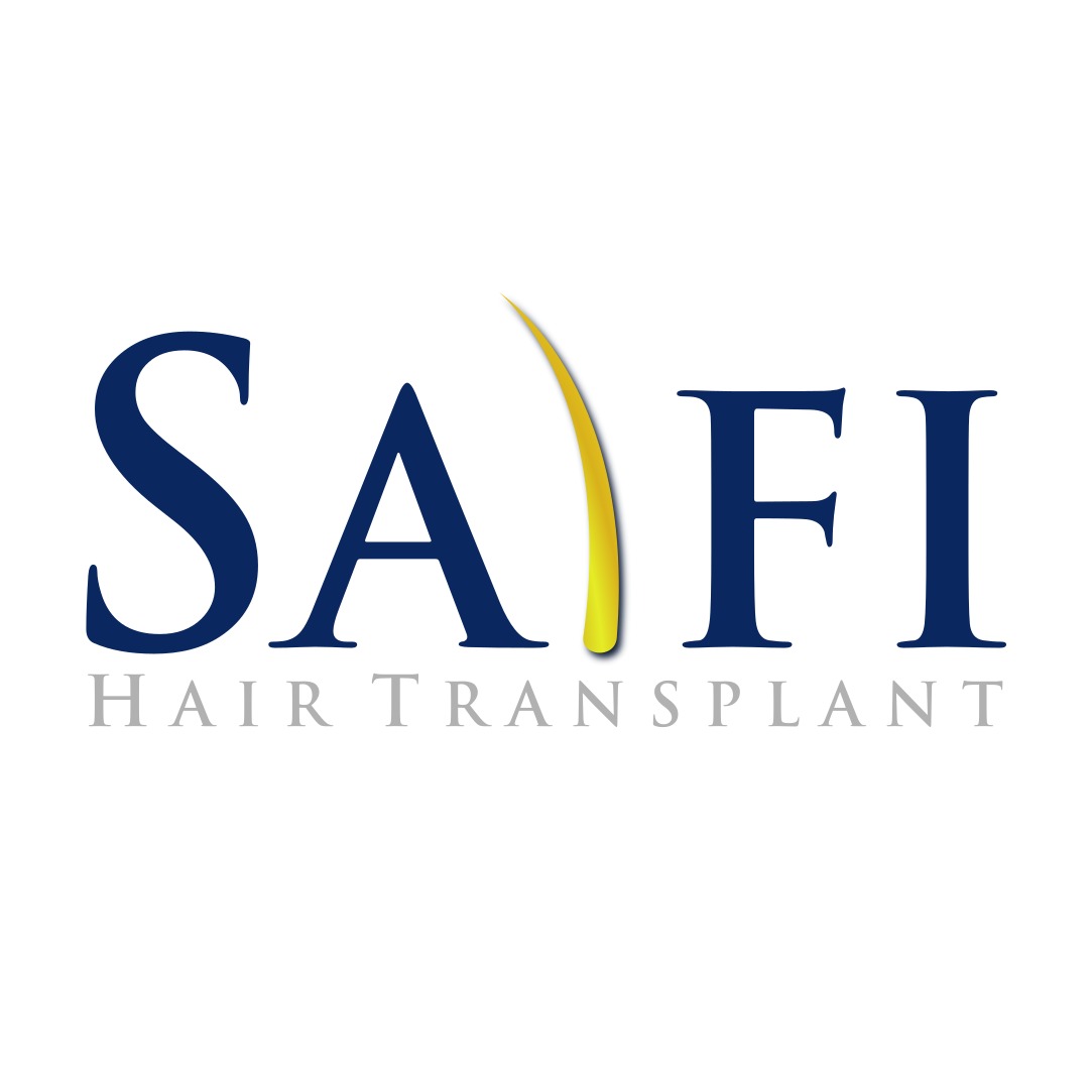Logo firmy SAFI Hair Transplant z stylizowanym włosem w kolorze złotym.