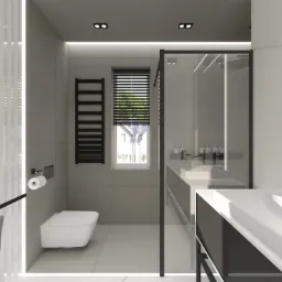 Wizualizacja nowoczesnej łazienki w odcieniach szarości z kabiną prysznicową typu walk-in, podwieszaną toaletą i grzejnikiem drabinkowym na ścianie.