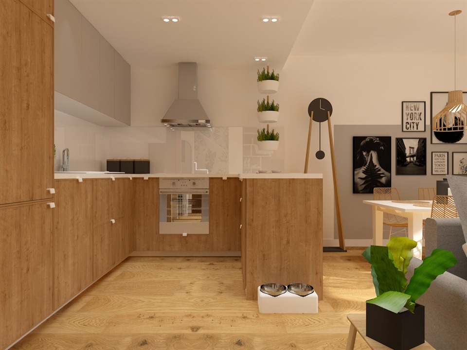 Wizualizacja kuchni otwartej na salon z drewnianymi frontami szafek, szarymi górnymi szafkami, okapem, wiszącymi doniczkami i zegarem stojącym oraz miskami dla zwierząt na podłodze.