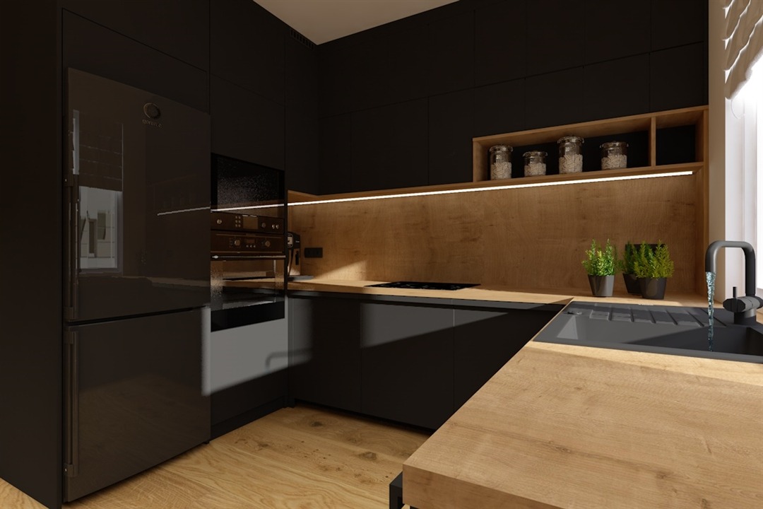 Wizualizacja nowoczesnej kuchni z czarnymi szafkami i drewnianym blatem, oświetleniem LED podszafkowym, czarnym zlewem z kranem, oraz elementami dekoracyjnymi w postaci ziół w doniczkach i słoików...