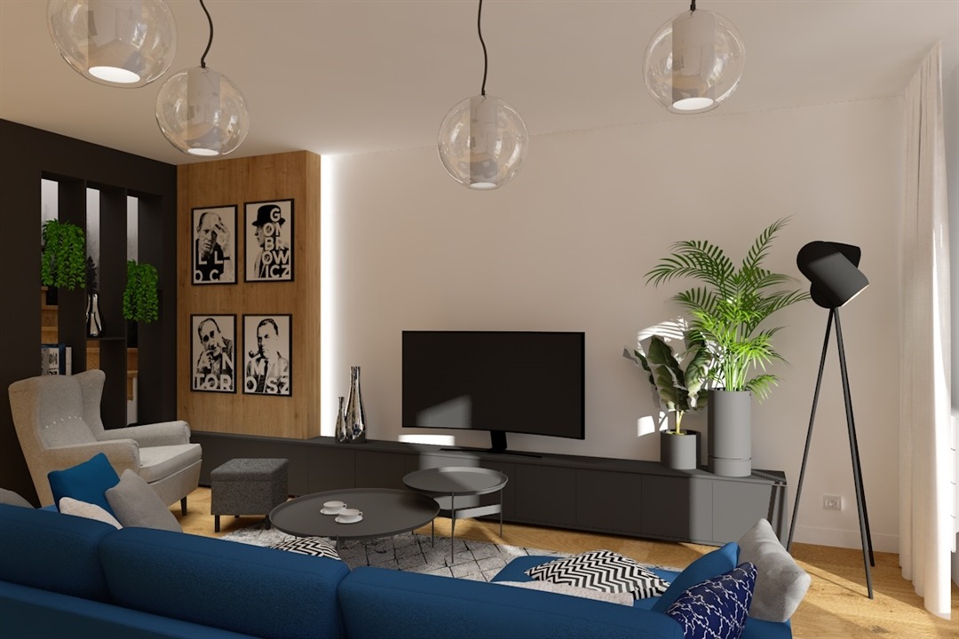 Wizualizacja salonu z niebieską sofą narożną, okrągłymi stolikami kawowymi, czarną szafką RTV, telewizorem, lampą stojącą na trójnogu i plakatami z portretami na ścianie.
