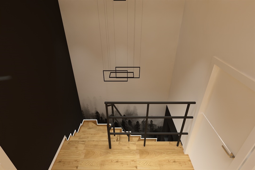 Schody z drewnianymi stopniami i czarną balustradą, ściana w kolorze grafitowym z motywem lasu, nowoczesna lampa wisząca z geometrycznych kształtów.