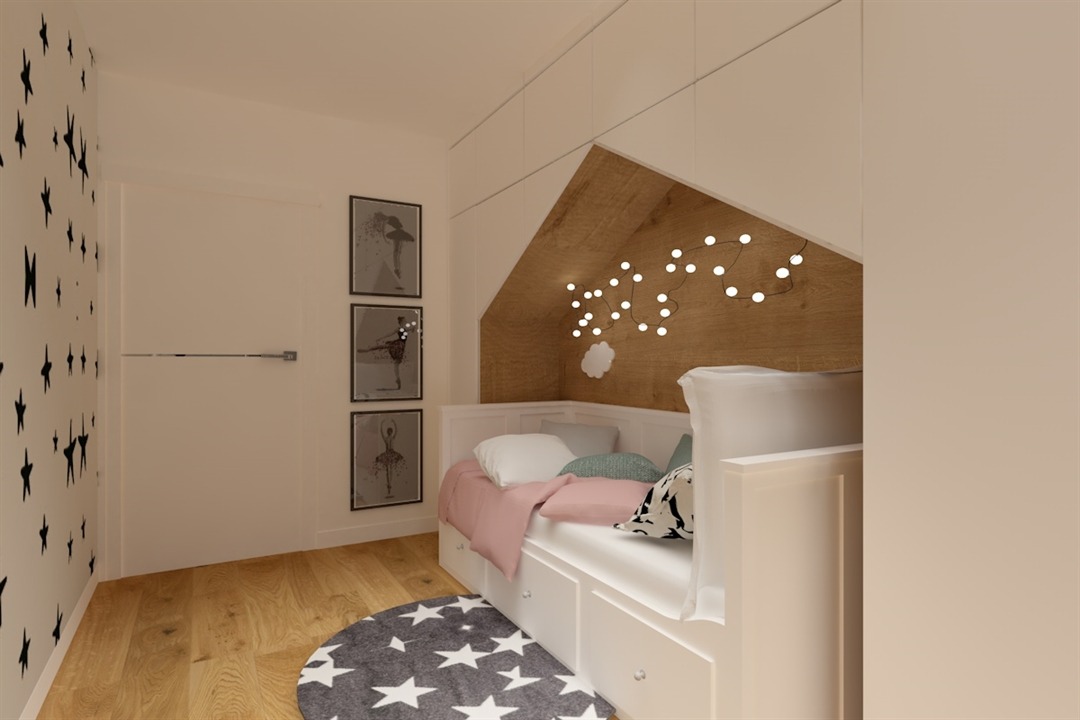 Pokój dziecięcy z łóżkiem w zabudowie, drewnianym zagłówkiem oświetlonym girlandą, dywanem w gwiazdy i plakatami baletnic na ścianie.