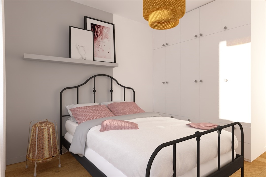 Wizualizacja sypialni z czarnym metalowym łóżkiem, białymi szafami w zabudowie, złotą lampą wiszącą i dekoracjami ściennymi w odcieniach szarości i różu.