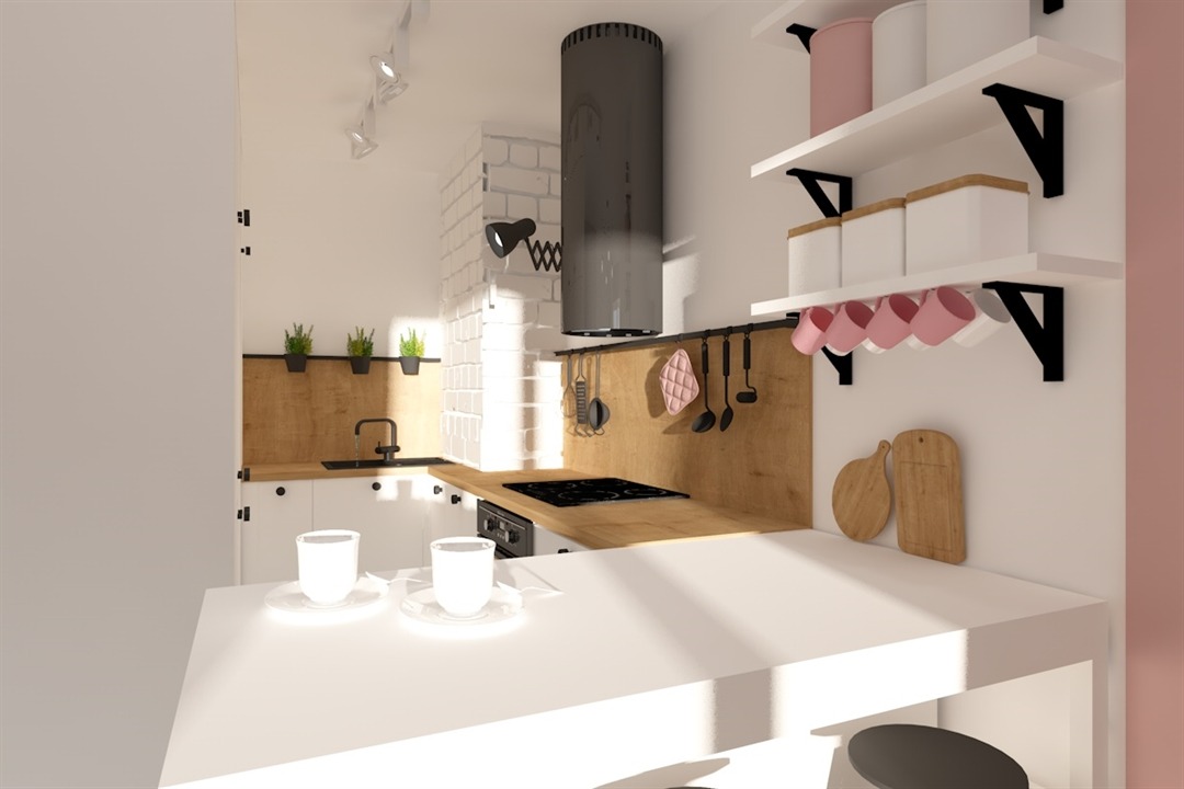 Wizualizacja kuchni w stylu nowoczesnym z białymi meblami, drewnianym blatem i czarnymi akcentami, widoczne dwie filiżanki na blacie i dekoracyjne półki z naczyniami.