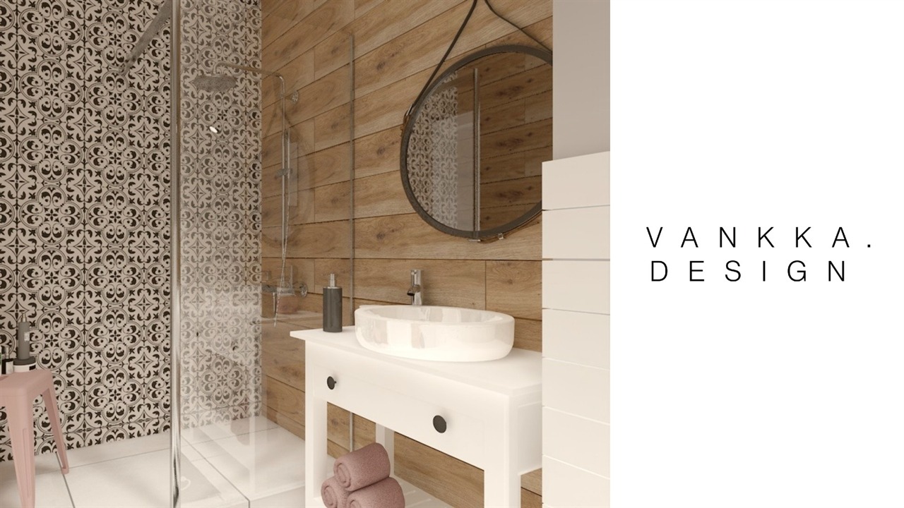 Wizualizacja łazienki z kabiną prysznicową, umywalką na białej konsoli, drewnianymi panelami ściennymi i wzorzystymi płytkami, uzupełniona okrągłym lustrem na pasku.