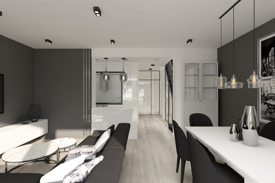 Wizualizacja nowoczesnego wnętrza z otwartą przestrzenią: salon z szarą sofą i marmurowym stolikiem kawowym, biała kuchnia z wyspą, jadalnia z czarnymi krzesłami i białym stołem, szklane lampy...
