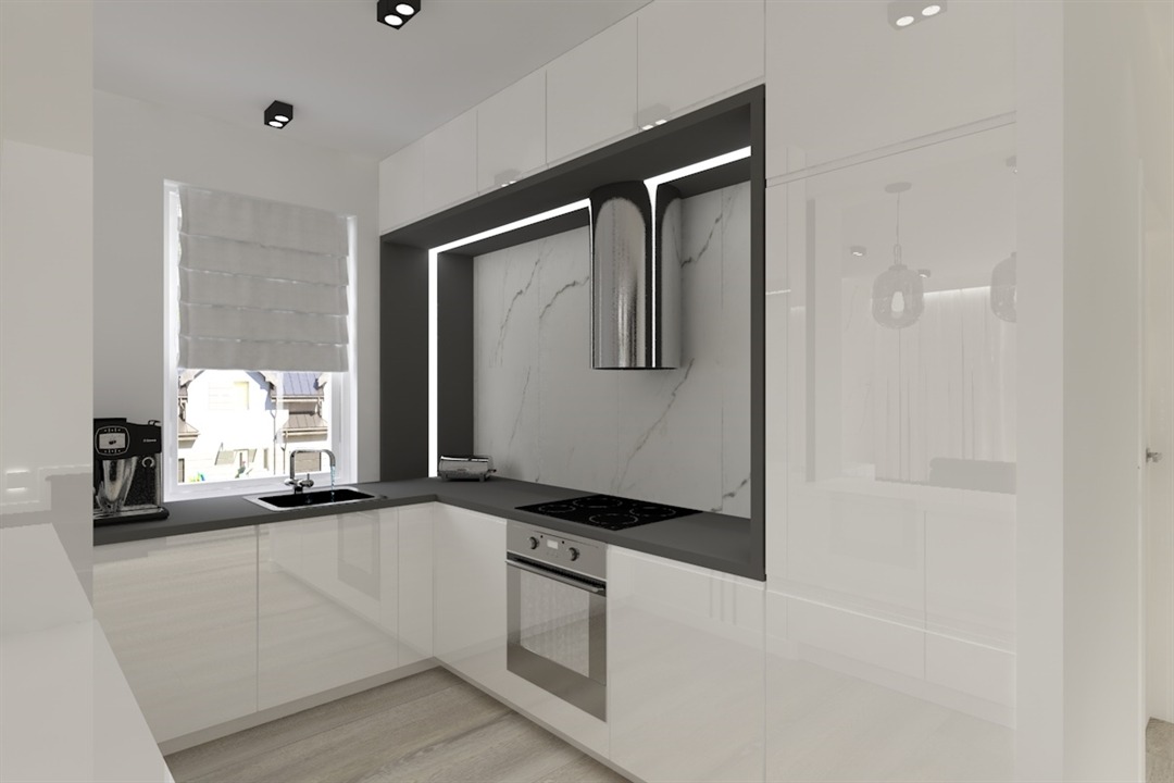 Wizualizacja nowoczesnej kuchni z białymi, lakierowanymi frontami, szarym blatem, marmurową ścianą nad płytą grzewczą i srebrnym okapem cylindrycznym.