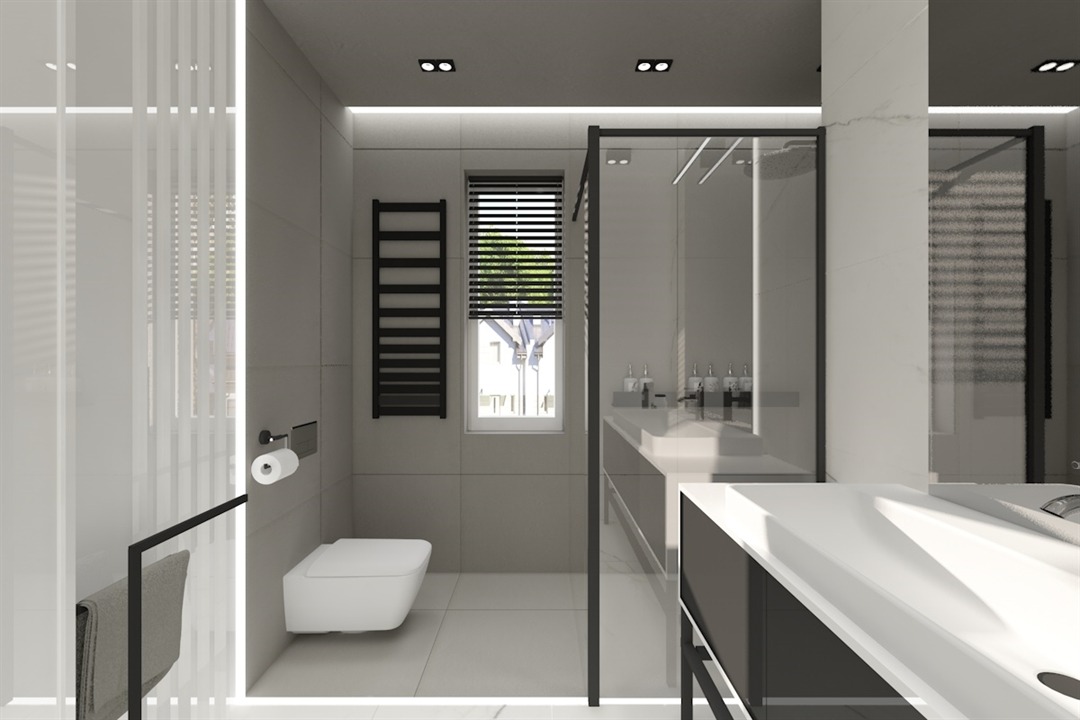 Wizualizacja nowoczesnej łazienki w odcieniach szarości z kabiną prysznicową typu walk-in, podwieszaną toaletą i grzejnikiem drabinkowym na ścianie.