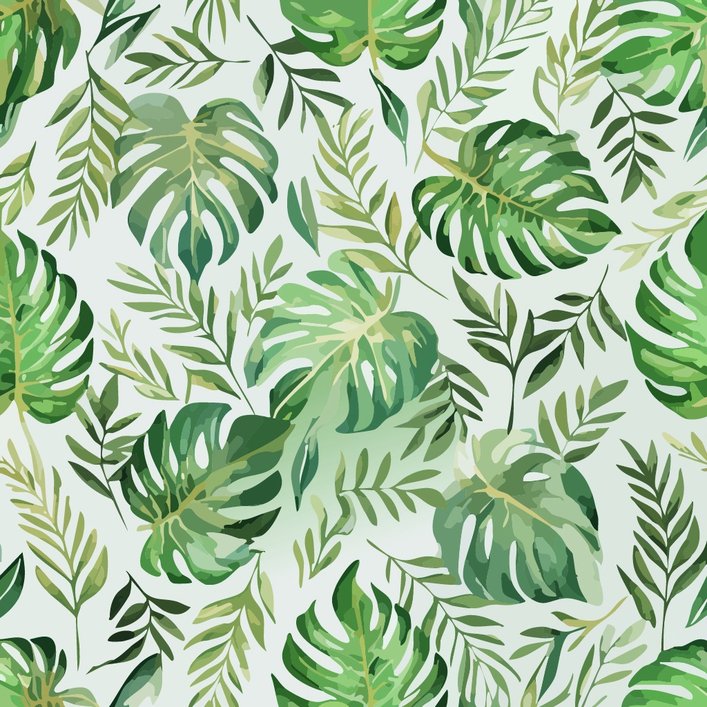 Grafika wektorowa: powtarzalny wzór z zielonych liści monstery i paproci na jasnym tle. Idealne jako tło lub element dekoracyjny.