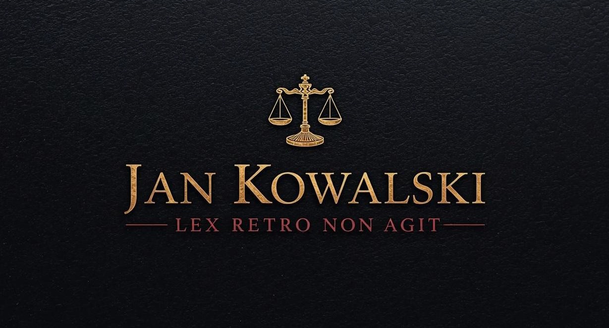 Elegancki logotyp prawniczy: złote wagi Temidy, imię i nazwisko 'Jan Kowalski' oraz łacińska sentencja na czarnym, teksturowanym tle.