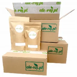 Stos kartonowych pudeł i papierowych toreb z nadrukowanym logo firmy, gotowe do wysyłki.