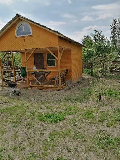 Drewniany domek letniskowy z tarasem w Warszawie, z grillem na zewnątrz, otoczony trawnikiem i drzewami.