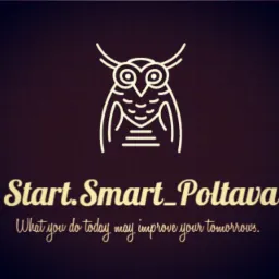 Logo firmy Start.Smart_Poltava z motywem sowy w minimalistycznym stylu, poniżej hasło: What you do today may improve your tomorrows.