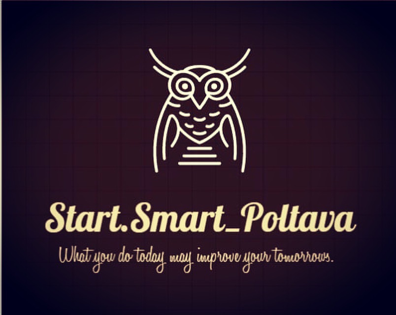 Logo firmy Start.Smart_Poltava z motywem sowy w minimalistycznym stylu, poniżej hasło: What you do today may improve your tomorrows.