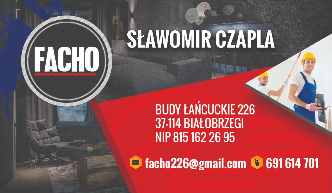 Grafika reklamowa firmy FACHO Sławomir Czapla, prezentująca logo, dane kontaktowe oraz dwóch malarzy w trakcie pracy w pomieszczeniu z nowoczesnym wystrojem.
