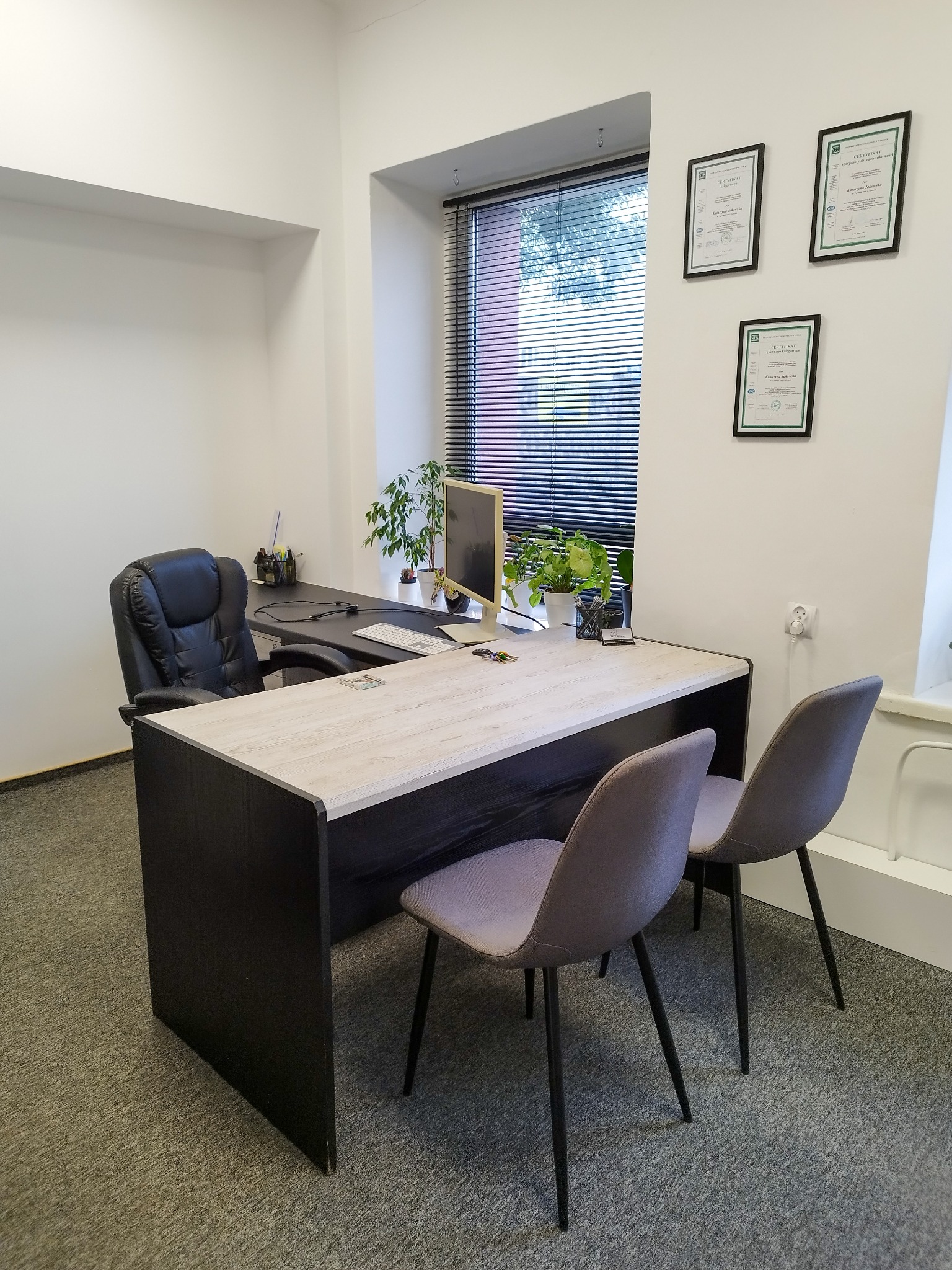 Nowoczesne biuro z biurkiem o jasnym blacie i czarnych nogach, dwoma szarymi krzesłami, czarnym fotelem biurowym, komputerem, roślinami doniczkowymi oraz certyfikatami na ścianie przy oknie...
