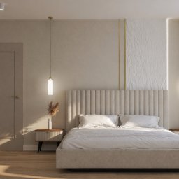 MP ARCHITEKTURA WNĘTRZ PAULINA TRACZ - Jasna sypialnia w beżach: łóżko z wezgłowiem, toaletka z lustrem, lampy wiszące. Minimalistyczny design z akcentami złota i naturalnego światła.