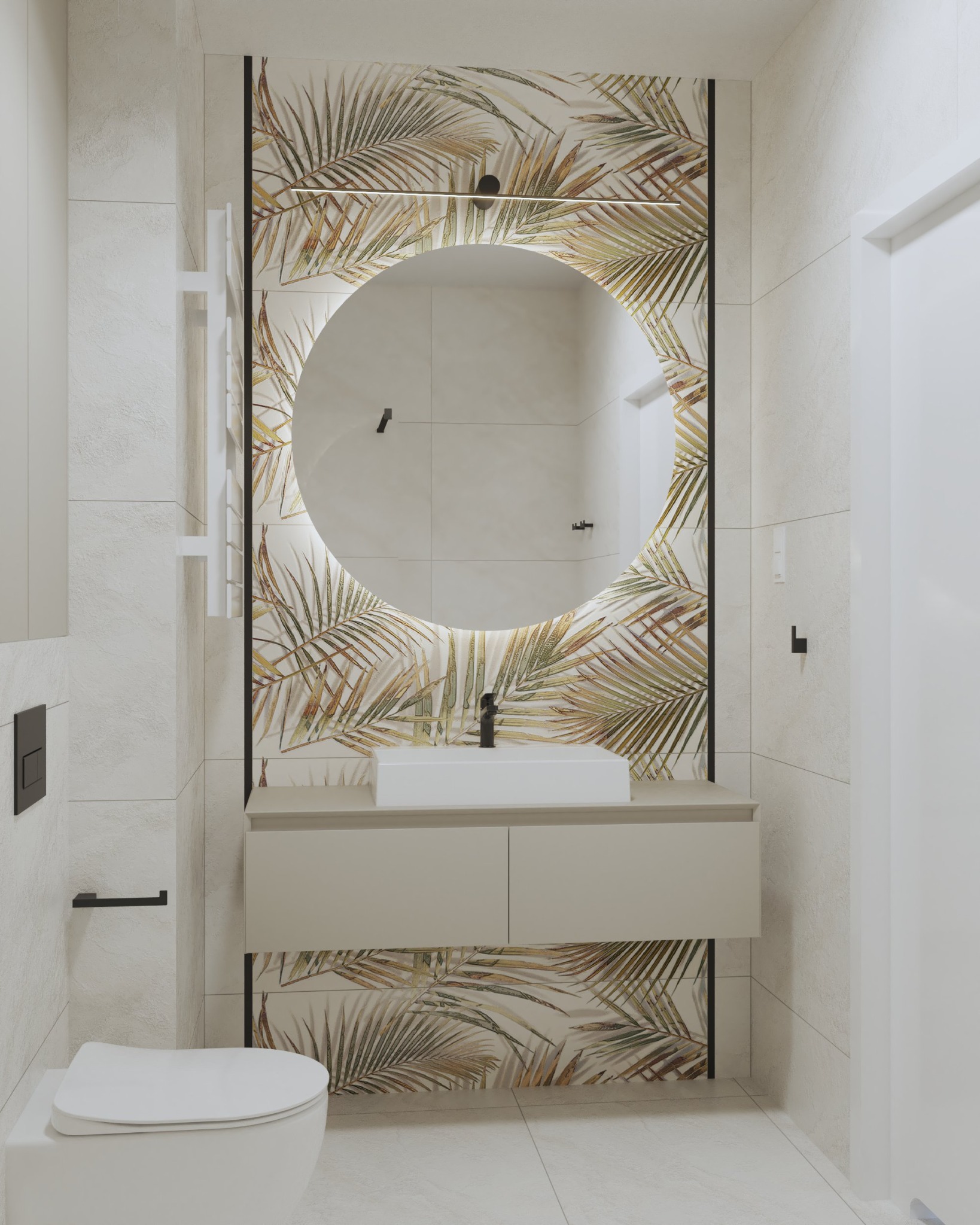 Nowoczesna łazienka z okrągłym lustrem podświetlanym LED, umywalką nablatową, zabudową z szafkami w kolorze beżowym oraz płytkami z motywem tropikalnych liści palmowych.
