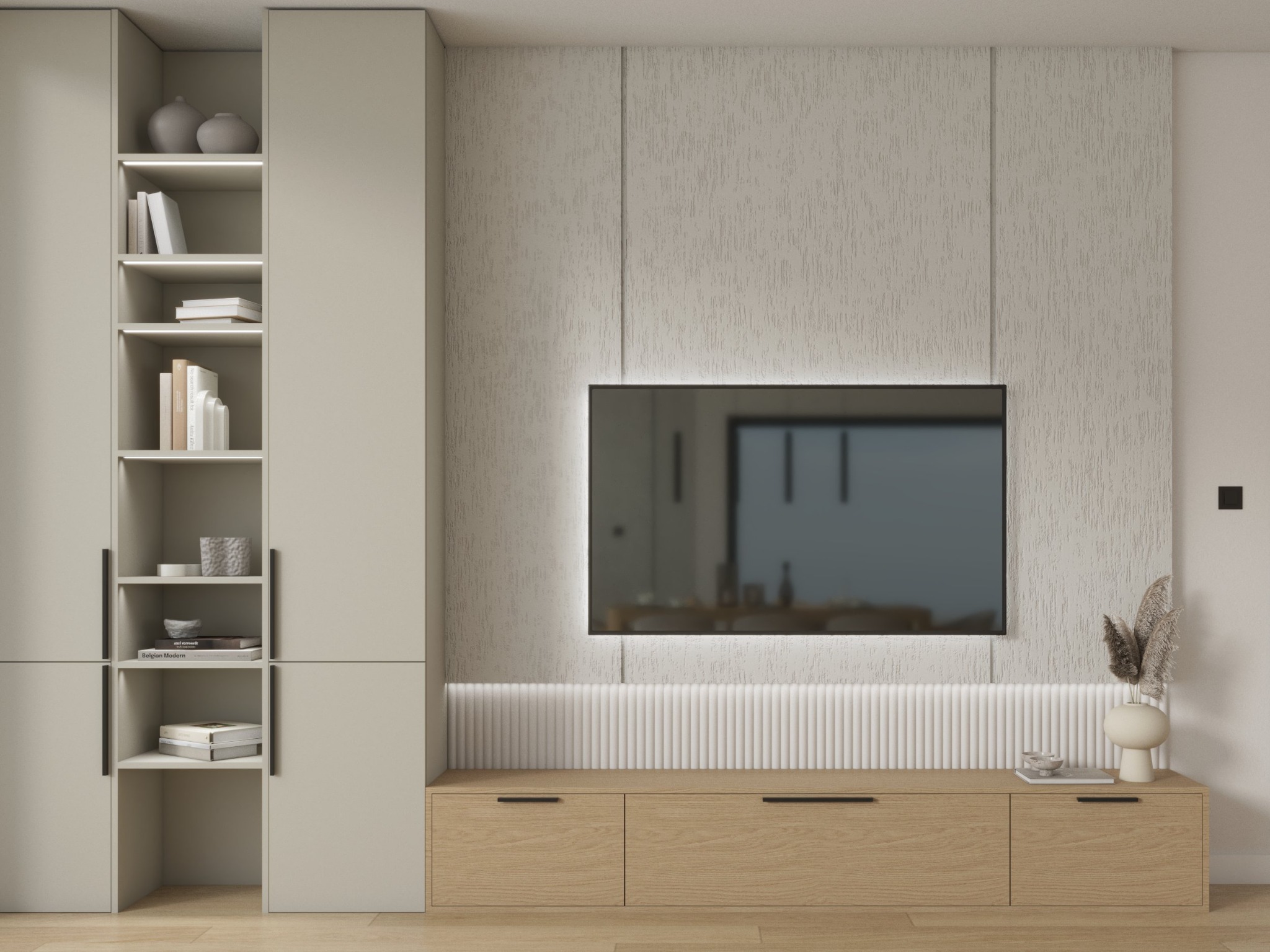 Nowoczesny salon z beżową zabudową meblową, podświetlaną półką pod telewizorem i dekoracyjną ścianą o fakturze tynku.