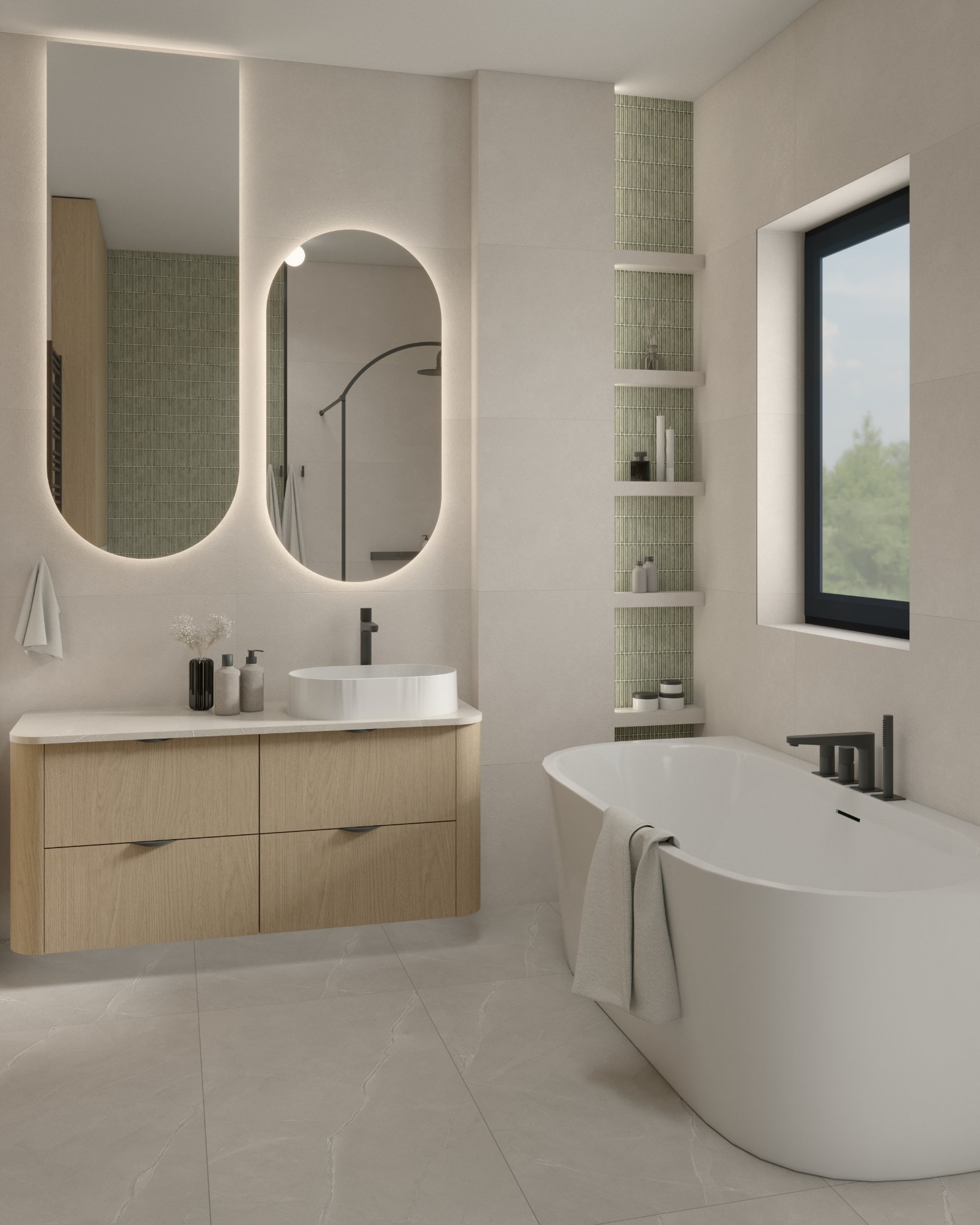 Nowoczesna łazienka z owalną wanną, szafką pod umywalką z drewnianymi frontami i podświetlanymi lustrami o zaokrąglonym kształcie. Na ścianie półki z dekoracyjnymi płytkami i widokiem na zieleń za...