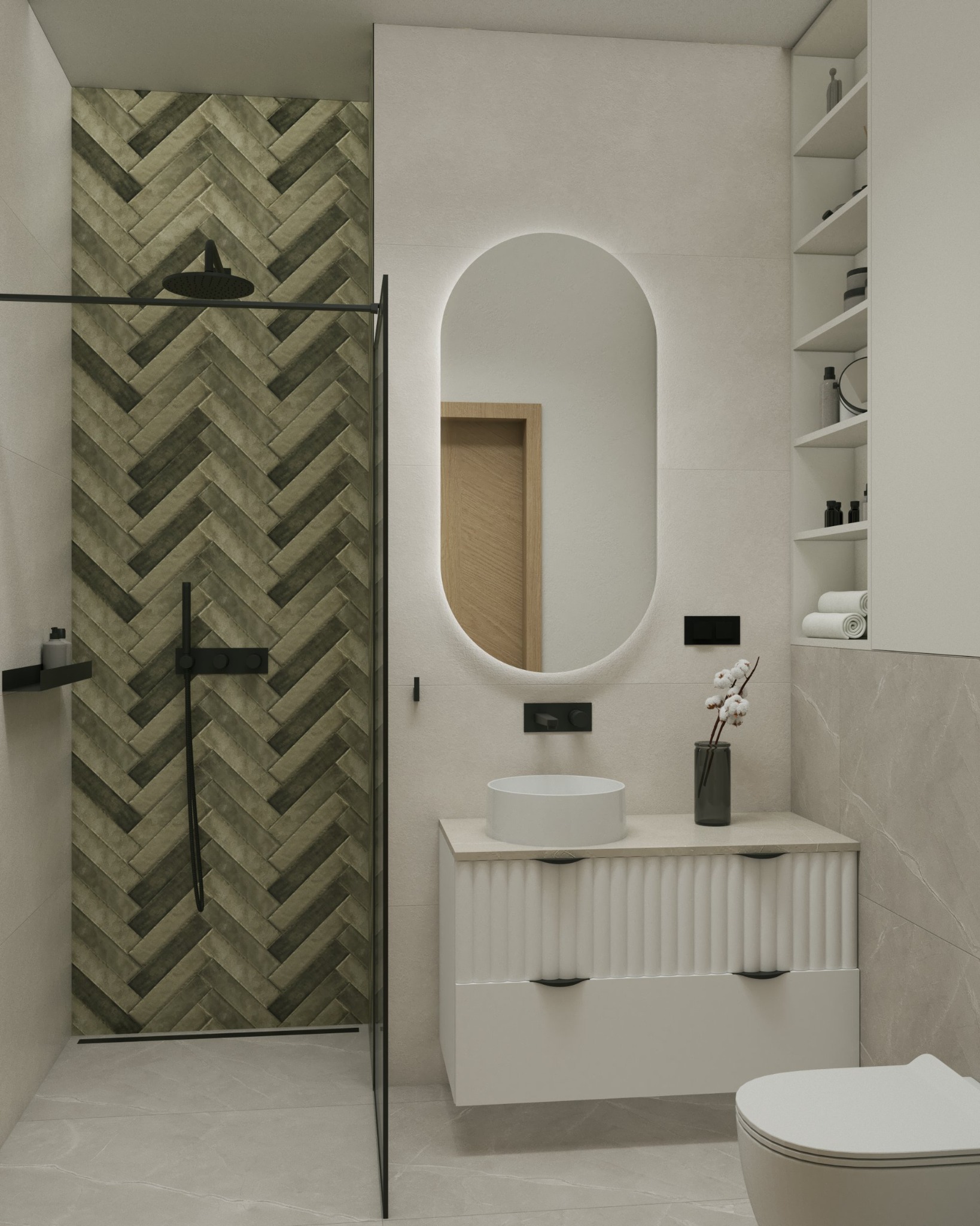 Nowoczesna łazienka z kabiną prysznicową wyłożoną płytkami w jodełkę w odcieniach zieleni i szarości, owalne lustro z podświetleniem LED, biała umywalka nablatowa na szafce z frezowanymi frontami...