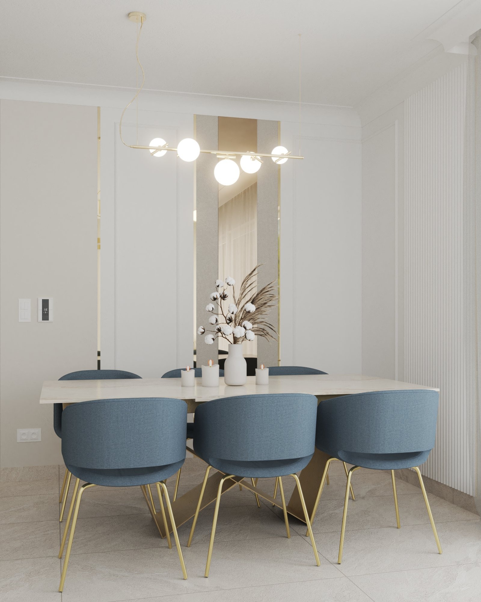 Jasna jadalnia z owalnym stołem, niebieskimi krzesłami na złotych nogach, nowoczesną lampą wiszącą i dekoracją z bawełny i traw w wazonie.