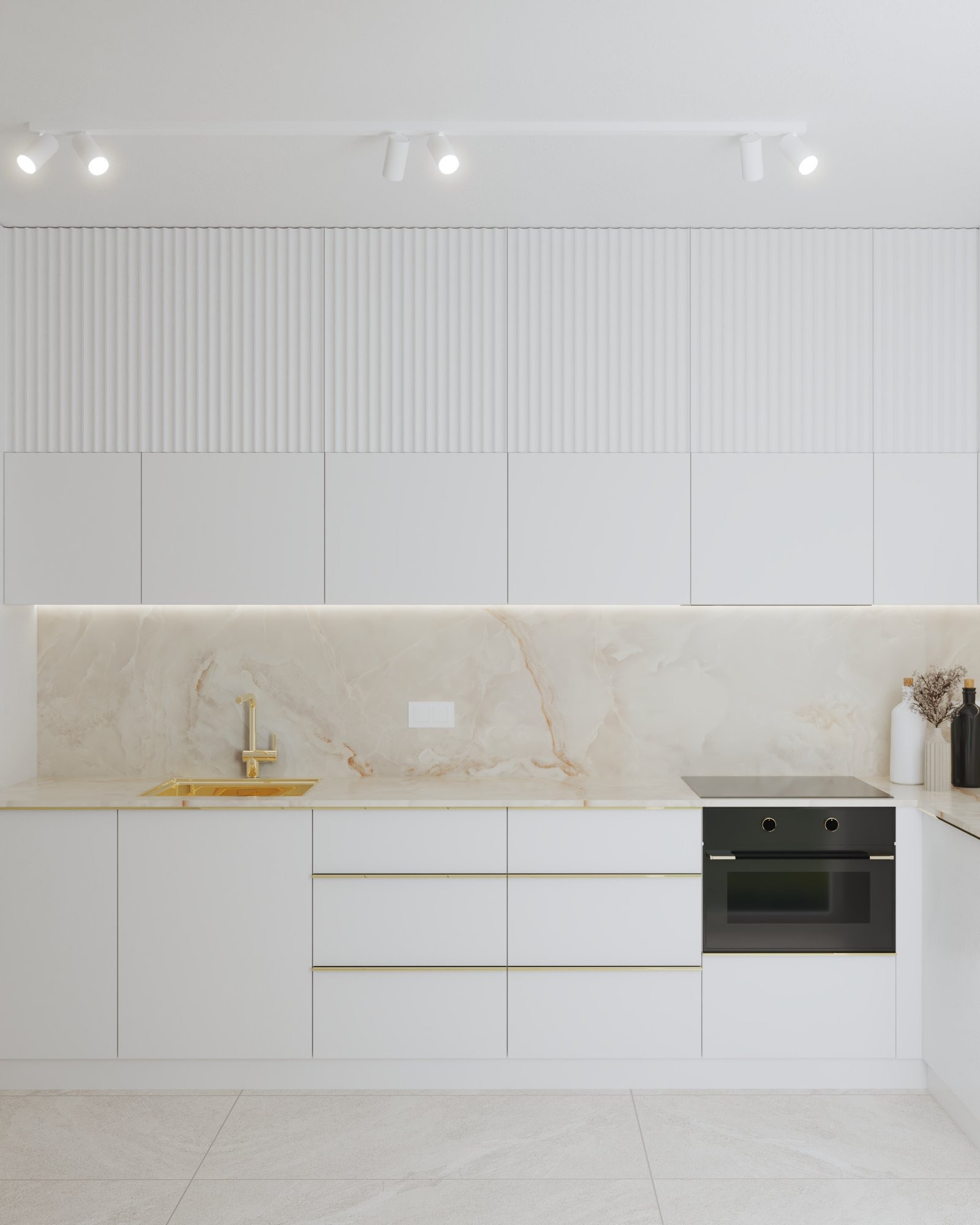 Minimalistyczna, biała kuchnia z marmurowym blatem, złotą armaturą i oświetleniem punktowym, prezentująca nowoczesny design.