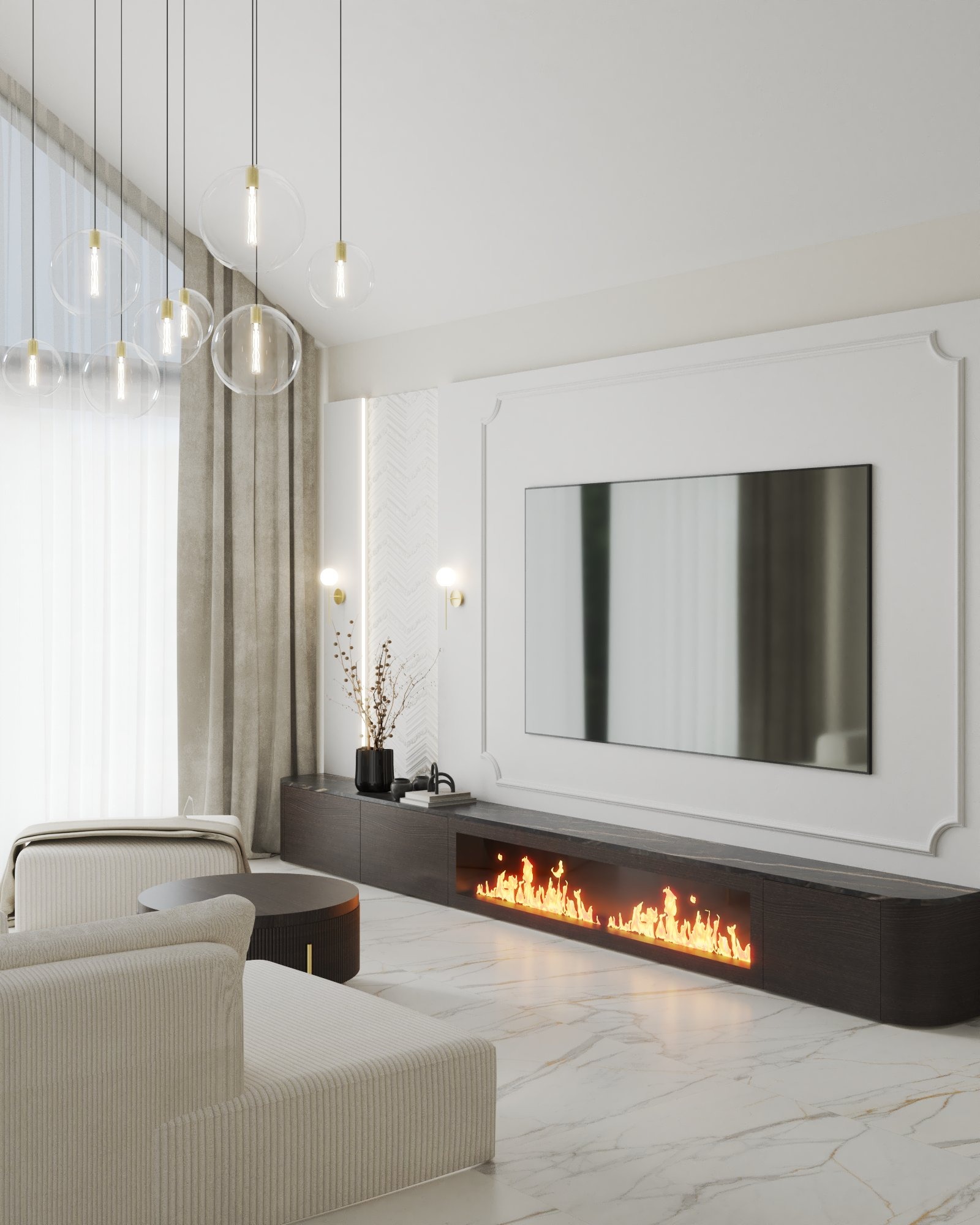 Nowoczesny salon z marmurową podłogą, kominkiem elektrycznym w zabudowie, oraz szklanymi lampami wiszącymi, oświetlony światłem dziennym wpadającym przez duże okno.