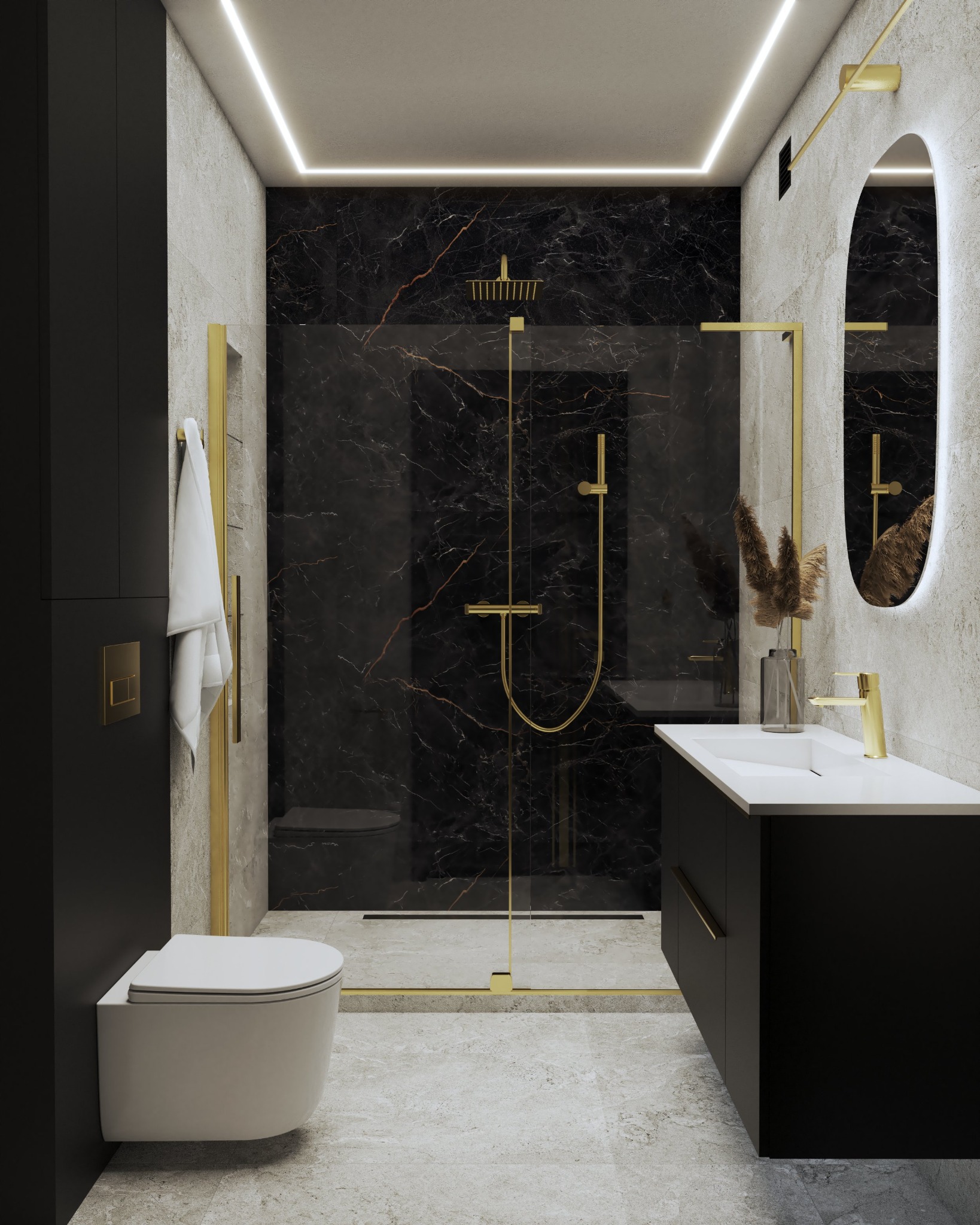 Nowoczesna łazienka z czarnymi marmurowymi ścianami, złotymi akcentami w armaturze i oświetleniu LED, kabina prysznicowa typu walk-in, wisząca toaleta i umywalka z szafką w kolorze czarnym.