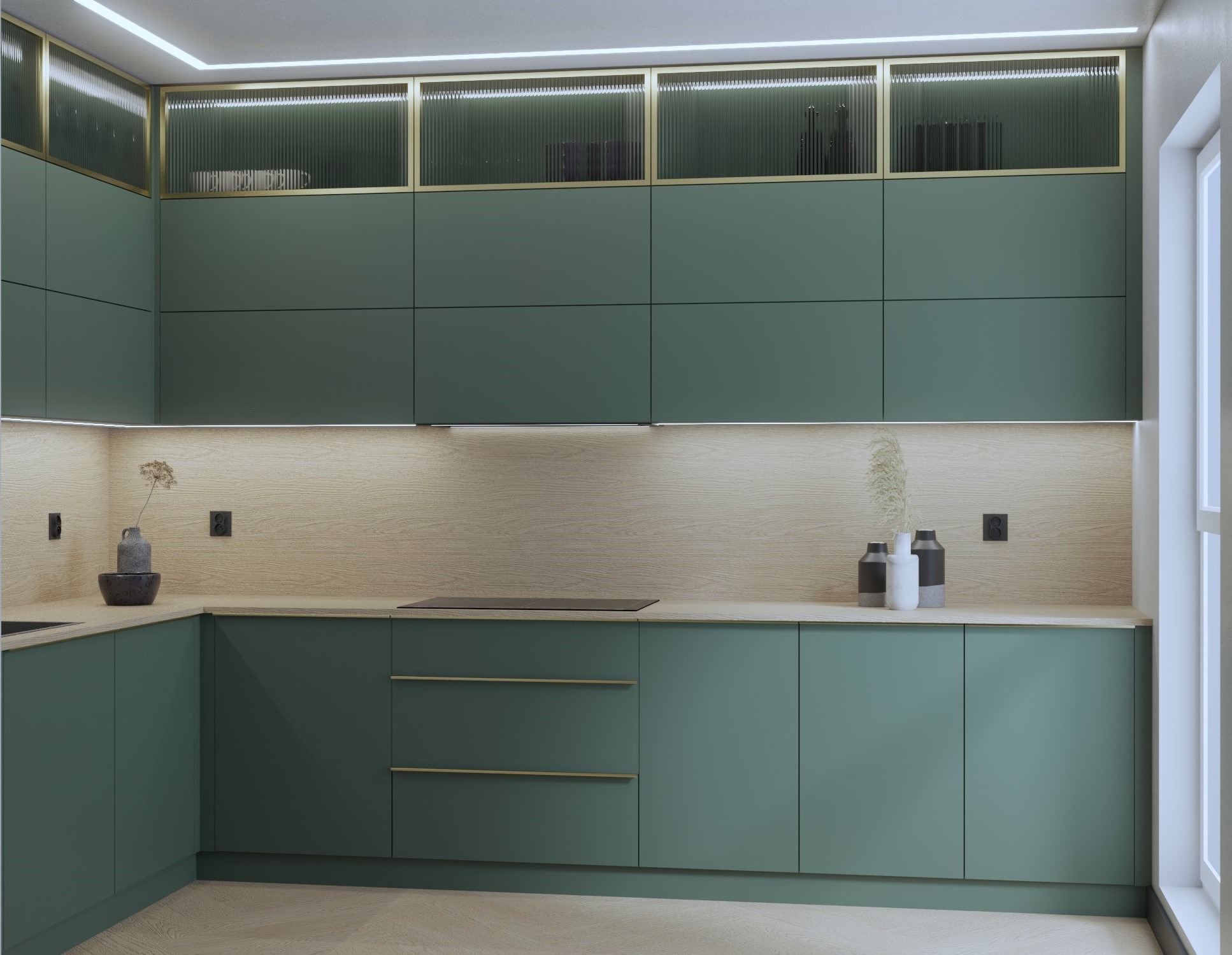 Nowoczesna kuchnia z zielonymi frontami szafek, złotymi detalami i drewnianym blatem, oświetlona ledowym światłem pod szafkami wiszącymi i w górnej części szafek.